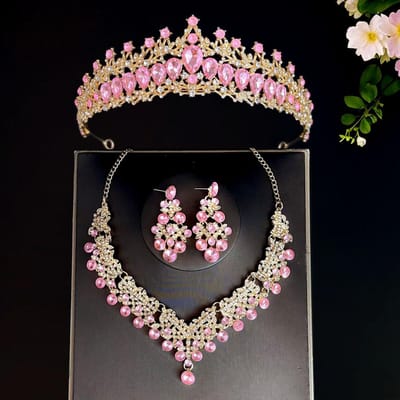Nouvelle Tiare Couronne de Mariée Ensemble Trois Pièces Collier de Mariage Boucles d'Oreilles Ensemble Cristal Accessoires de Mariage black