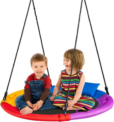 COSTWAY Nestschommel 100cm, buiten ronde schommel voor kinderen, kinderschommel tuinschommel met verstelbare opknoping touw, kussen en handvat, geweldig voor achtertuin, speelplaats, 150kg draagvermogen (Kleurrijk)
