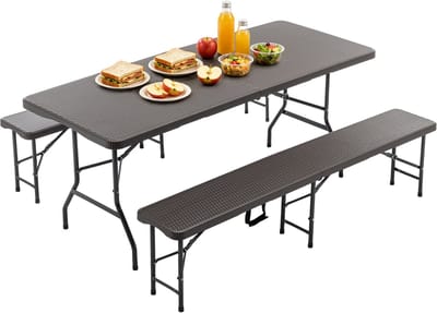 Zubaliya Klapbaar Picknickset 3-delig - 6ft Bruin - HDPE Boommotief - UV & Waterbestendig - Veiligheidsgrendel