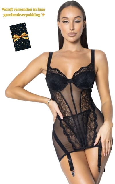 Luxe Lingerieset Dames – Sexy Lingerie – Erotische Lingerie Set – Corset Lingerie met Jarretels – Zwart Kant – Beugel BH – High Waist Lingerie – Boudoir Set – Chique – High End – Madam Hommard – Exclusief – Cadeau Set – Dare to Undress – XS, S, M, L