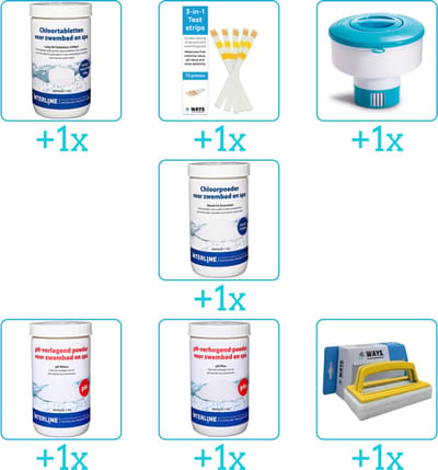 Zwembad Onderhoudspakket - Onderhoud Zwembad - bevat Chloor - Testrips - Chloordrijver - Chloor - PH-min - PH-plus en Scrubborstel (7-delig)