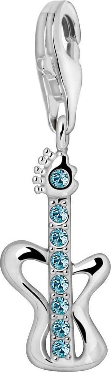 Quiges – 925 - Zilver – Charm - Bedel - Hanger - Blauwe Zirkonia Gitaar - met – sterling - zilver - karabijnslot - geschikt - voor - Bedelarmband HC210