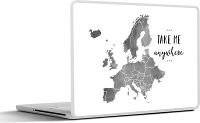 Laptop sticker - 12.3 inch - Europakaart in grijze waterverf met de tekst "Take me anywhere" - zwart wit - 30x22cm - Laptopstickers - Laptop skin - Cover