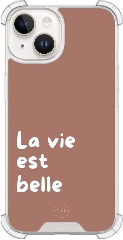 Shockproof hoesje geschikt voor Apple iPhone 14 - La vie est belle - Schokbestendig - Verhoogde randen - TPU case - Extra Sterke Back Cover - Tekst - Transparant, Bruin