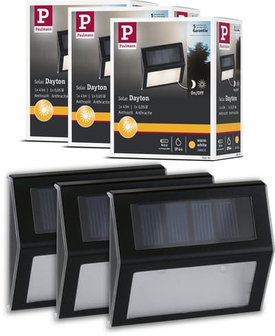Paulmann Set van 3 Solar LED Traplamp Dayton - Antraciet - IP44 - Warmwit Licht (3000K) - 3x2 lm - Traplamp Zonne-energie