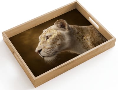 Dienblad hout 40x30 cm - Schootdienblad - Leeuwin - Bloemen - Wit - Goud - Borrelplank rechthoek - Plateau dienbladen