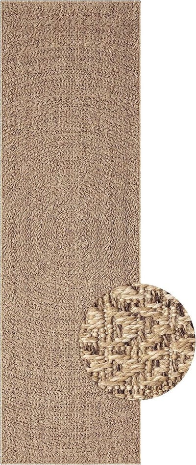 the carpet Kansas – Weerbestendig Indoor & Outdoor Vloerkleed met Cirkelpatroon – Naturel – 60 x 180 cm