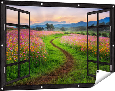 Gards Tuinposter Doorkijk Kosmos Bloemenveld met een Pad - Bloemen - 120x80 cm - Tuindoek - Tuindecoratie - Wanddecoratie buiten - Tuinschilderij