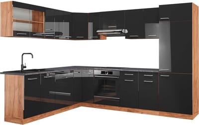 Vicco Hoekkeuken R-Line, Antraciet Hoogglans/Goudkleurig Eiken, 287 x 227 cm, WB Antraciet