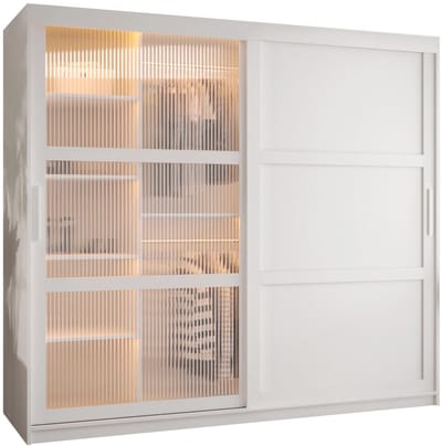 Zweefdeurkast Kledingkast met 2 schuifdeuren glanzen slaapkamerkast Kledingstang met planken Garderobekast met geribbeld glas - ARTON 3 (200 cm, Wit)
