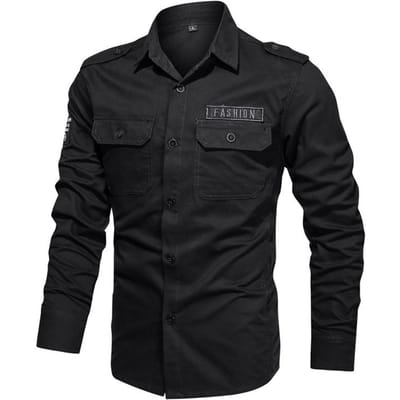 Militair overhemd met dubbele zakken, lange mouwen, voor heren, voor de lente en herfst, casual, puur katoen, grote maat, losvallend, effen kleur, werkoverhemd, dun M black