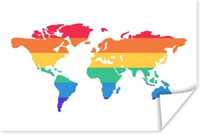 Wanddecoratie - Wereldkaart - Pride vlag - Regenboog - 60x40 cm - Poster
