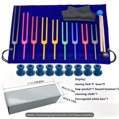 9-Delige Stemvork Set 174Hz t/m 963Hz – Inclusief Hamers, Resonantievoeten & Opbergetui – Voor Yoga, Meditatie, Sound Healing & Muziek