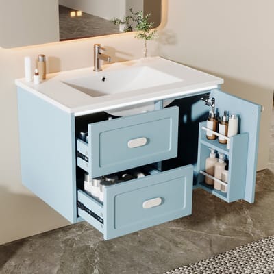 MODFU Hangend Badkamermeubel met LED-sensorverlichting en 2 laden - Modern Wastafelmeubel - Ruime opbergruimte - Wandmontage - MDF en keramiek - Blauw - 76x46x51 cm
