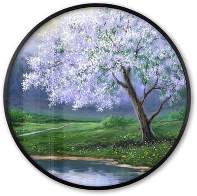 Poster in lijst Rond - Fotolijst 60x60 cm - Posters - Schilderij - Boom - Bloesem - Natuur - Water - Ronde posterlijst zwart - Decoratie - Wanddecoratie woonkamer - Muurdecoratie slaapkamer