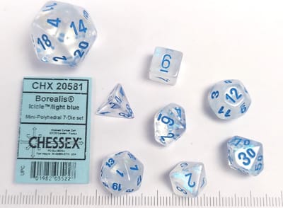 Chessex Borealis Mini-Polyhedral Icicle/lichtblauw Lichtgevende Dobbelsteenset (7 stuks)