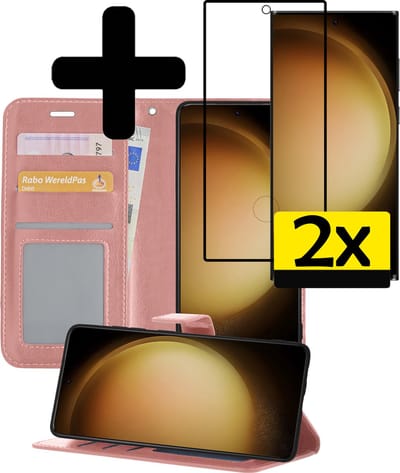 Hoesje - Met 2x Screenprotector - Geschikt voor Samsung Galaxy S23 Ultra - Luxe Pasjeshouder - Bookcase Portemonee - Flip Case - Kunstleer Book Case - Flipcase Hoes - Book Cover - Walletcase - Portemonneehoes - Telefoonhoesjes - Rosé goud