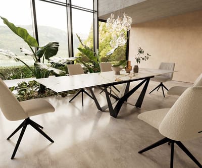 Eetkamertafel Edge keramiek Calacatta Luxe wit-goud-grijs 200-300x100 spider vlak staal zwart uitschuifbaar