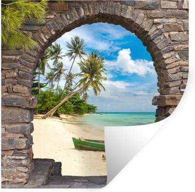 Muurstickers - Sticker Folie - Strand - Palm - Doorkijk - Zee - Kano - 100x100 cm - Plakfolie - Muurstickers Kinderkamer - Zelfklevend Behang XXL - Zelfklevend behangpapier - Stickerfolie