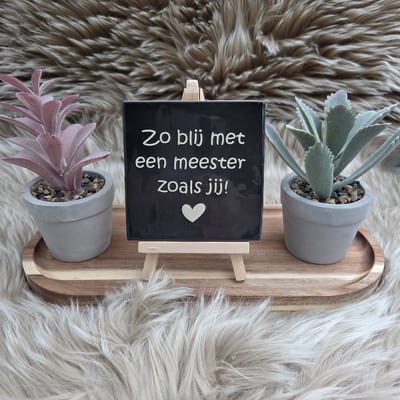 Robuust Wenstegeltje Meester Cadeau – Zo Blij met een Meester Zoals Jij – 10 x 10cm – Afscheid meester – Einde schooljaar – Meester bedankje – Decoratief Tegeltje met Standaard – Cadeau Idee