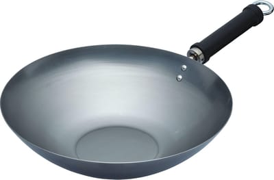 KitchenCraft World of Flavours Oosterse vlakke koolstofstalen wok met antiaanbaklaag van 3 cm
