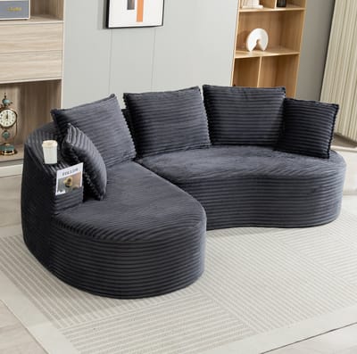 FloraGrace Zitbank 250 x 152 cm - Gebogen Design Met Bekerhouders En Opbergvakken - Voor Woonkamer - Corduroy - Donkergrijs