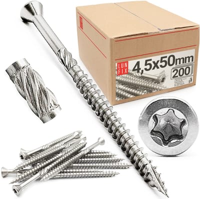 LUN FIX - Terrasschroeven RVS - 4,5x50mm - gedeeltelijk schroefdraad - 200 stuks - verzonken kop