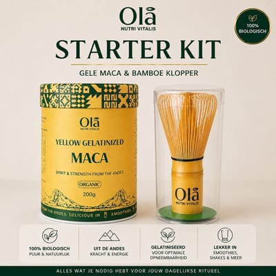 Olā Nutri Vitalis Starterspakket – Biologische Gele Maca 200g & Bamboe Klopper