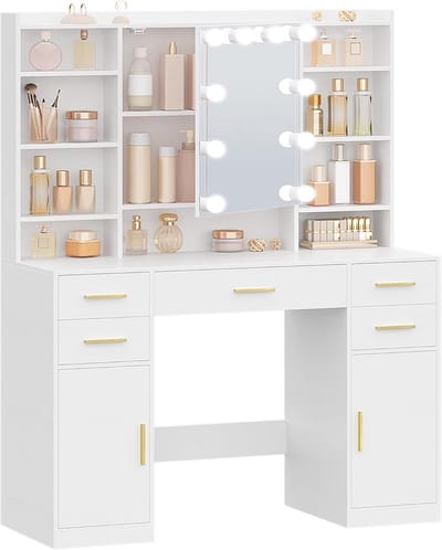 Kaptafel met Spiegel en 10 LED-Lampen - Make-up Bureau met Instelbare Helderheid en Opslagruimte