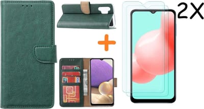 Hoesje Geschikt Voor Samsung Galaxy A32 hoesje bookcase Groen Met screenprotector / 2X tempered glass