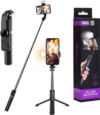 Techsuit - Selfie Stick (Q02S) - Opvouwbaar Stabiel Statief met LED en Bluetooth Afstandsbediening, 105cm - Zwart