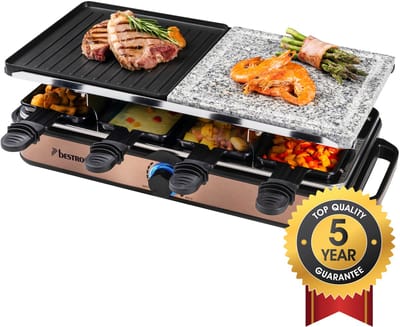 Bestron Gourmetset - ARG1200CO - 1400W - Bakplaat 8 personen - Steengrill, Incl 8 pannetjes - Koper - 5 jaar garantie