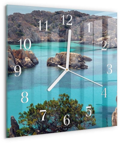Tulup Wandklok - Zeelandschap Wandklok Glas Decoratie - 30x30 cm - Bruin Gekleurde Glazen Klok - Witte Handen - Vierkante Wandklok - Wandklok Glas Decoratie - Gekleurde Glazen Klok