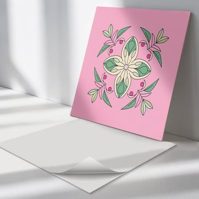 Wallfluent Vinyl Tegels - Bloemenpatroon met Bladeren Vinyl Wandtegels - 30 cm x 30 cm - Roze PVC Tegels - Set van 9 - Vierkant PVC Tegels - Bloemen en Planten Plaktegels - Wand PVC Tegels - Plaktegels Keuken en Badkamer