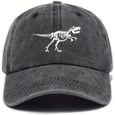 1 Casquette de Baseball Imprimée Squelette de Dinosaure Lavé Rétro pour Hommes, Chapeau Papa Tendance et Décontracté Réglable pour Sports d'Extérieur Adjustable black