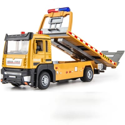 1:32 Legering Spuitgiet Trailer Model Speelgoed Miniatuur Auto's Rubberen Band Techniek Flatbed Vrachtwagen Geluid Licht Voertuig Jongens Verjaardagscadeau