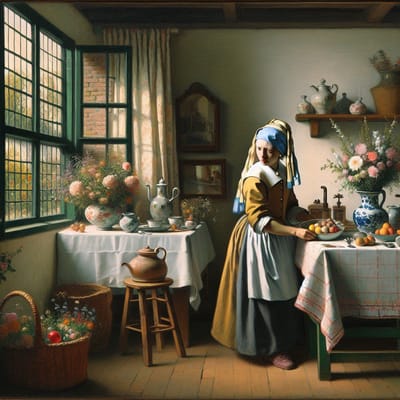Doodle vermeer schilderij | Vermeer's Doodle: A Masterpiece of Artistic Imagination and Creativity | Kunst - 30x30 centimeter op Dibond | Foto op Dibond