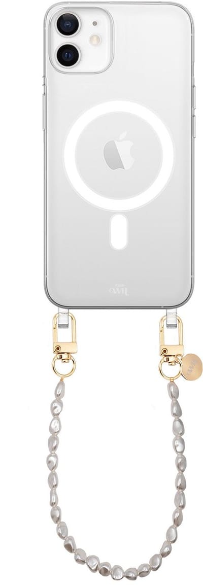 xoxo Wildhearts magnetisch hoesje geschikt voor iPhone 12 MagSafe - Pearlfection - Transparant telefoonhoesje met koord - Telefoonkoord met parels - Parelketting - Kort koord