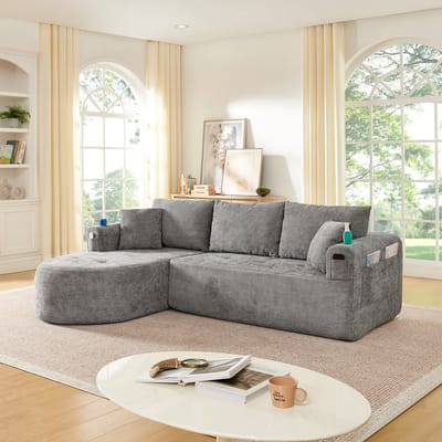 STILVORA Hoekbank L-Vorm - Cloud Sofa Met Bekerhouder En Opbergvakken - Voor Woonkamer En Lounge - Stoffen Bekleding - Grijs