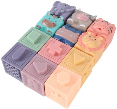 Dailygoods- Bouwstenen 12 Stuks - Educatieve Dierenvormen - Siliconen Speelgoed - Zachte Blokken - Badtijdblokken - Ideaal voor Reizen