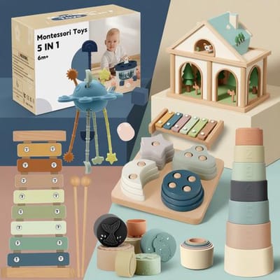 5-in-1 Montessori Speelgoed voor Baby's vanaf 6 Maanden - Sensorisch Speelgoed met Trekkoord, Vormsorteerder, Stapelspeelgoed en Xylofoon