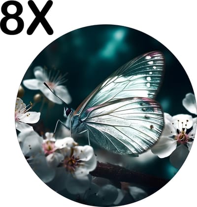 Luxe Ronde Placemat - Witte Vlinder op Witte Bloemen in een Donkere Omgeving - Set van 8 Placemats - 50x50 cm - 2 mm dik Vinyl - Anti Slip - Afneembaar
