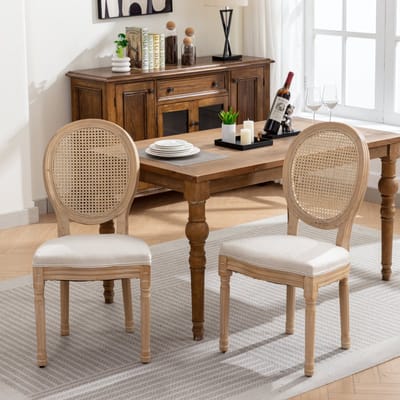 Clruro Franse Stijl Eetkamerstoelen - Set van 2 - Massief Houten Frame - Linnen Stof & Rattan Rug - Crème, Beige