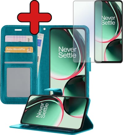 Hoesje - Met Screenprotector - Geschikt voor OnePlus Nord CE 3 Lite - Luxe Pasjeshouder - Flipcase - Bookcase Portemonee - Flip Case - Kunstleer Book Case - Book Cover - Walletcase - Portemonneehoes - Telefoonhoes - Turquoise