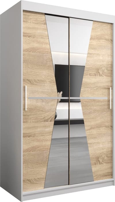 InspireMe - Kledingkast met 2 schuifdeuren, Modern-stijl, Een kledingkast met planken en een spiegel (BxHxD): 120x200x62 - TOTO 120 Wit Mat + Sonoma Eik