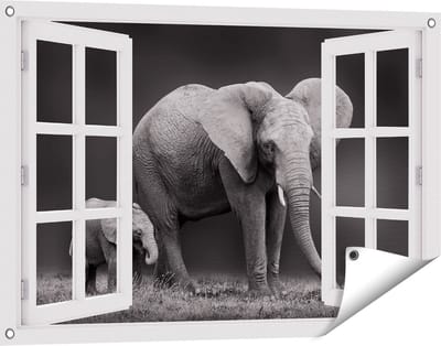 Gards Tuinposter Doorkijk Olifant Moeder en Zoon - Zwart Wit - 90x60 cm - Tuindoek - Tuindecoratie - Wanddecoratie buiten - Tuinschilderij