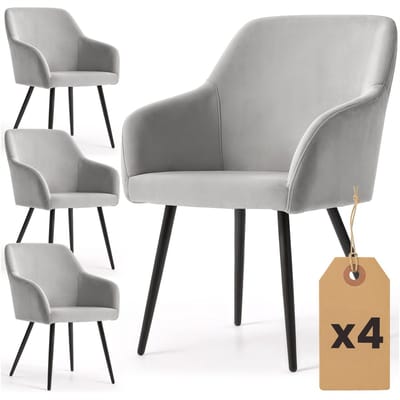 Set van 4 Eetkamerstoelen ESTELLE met Armleuningen / Gestoffeerde Stoelen / Fluwelen Stoelen en Metalen Poten / Grijs met zwarte benen