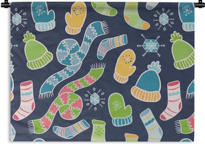Wandkleed - Wanddoek - Sjaal - Handschoenen - Muts - Regenboog - Winter - Patronen - 60x45 cm - Wandtapijt