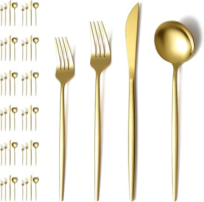 Gouden Bestekset van 48 Stukken voor 12 Personen, Roestvrijstalen Bestek, Ideaal voor Bruiloften, Feesten en Diner, Vaatwasserbestendig