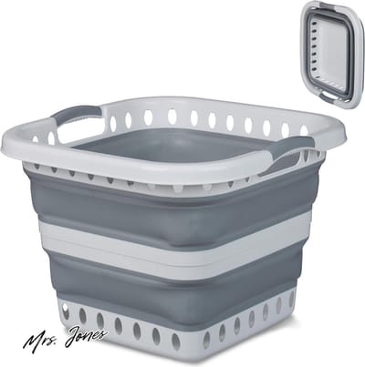 Mrs. Jones Opvouwbare Wasmand 40 Liter Grijs Wit Kunststof 35x48x48 cm Heupwasmand Takkenbos .